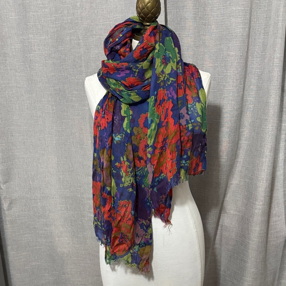 Vibrant Floral Cotton Unbranded Scarf-Raw Edge Fringe-EUC-Water Color Whimsy